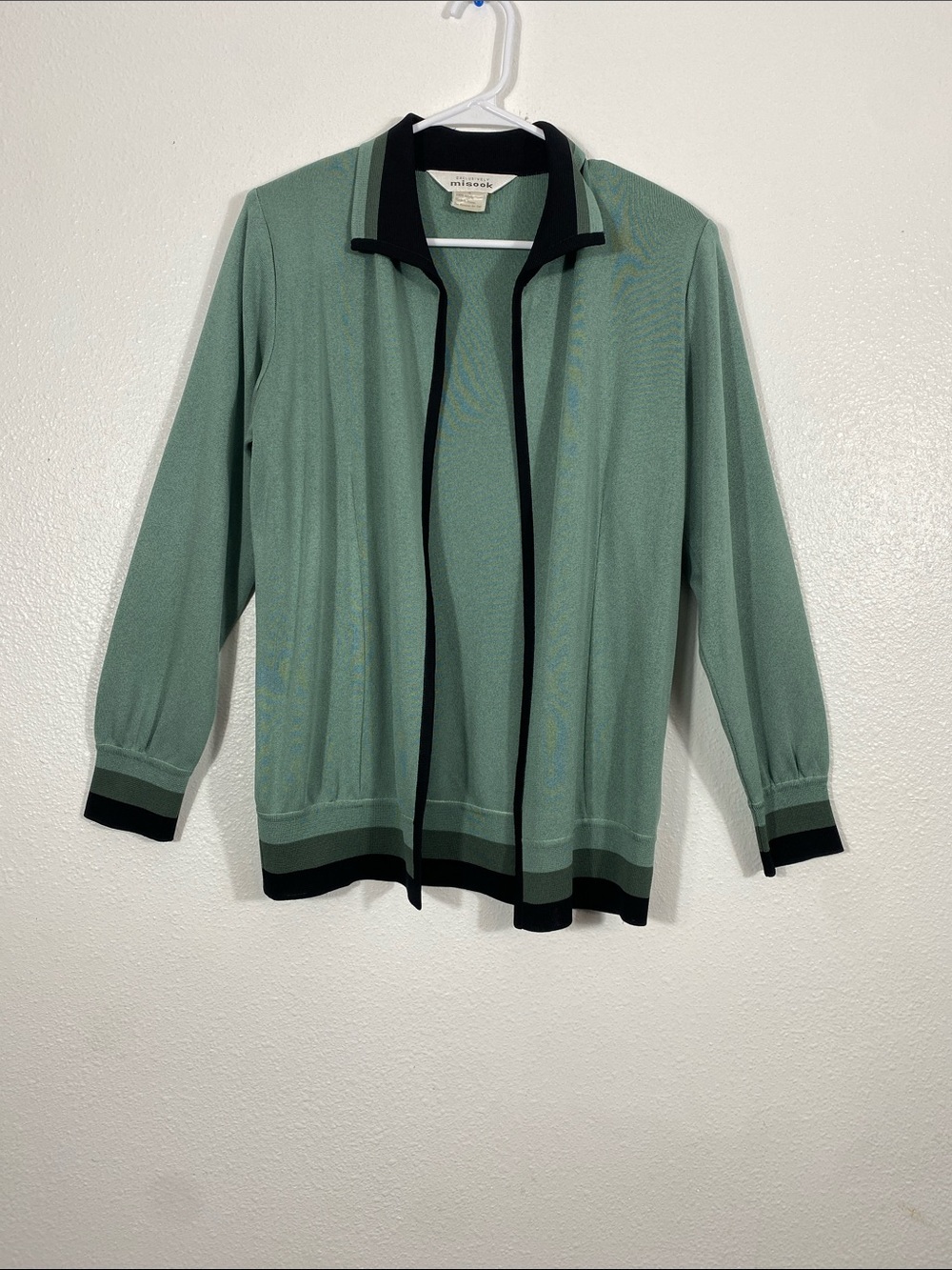 Misook Sage Green Open-Front Jacket with Black Trim 100% Acrylic Size S - Picture 4 of 16